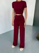 Osy Modal Yumuşak Dokulu Kumaş Kısa Kollu Crop Rahat Pantalon Ikili Takım - Bordo resmi